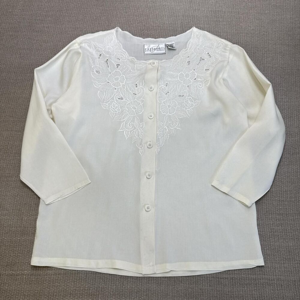 Vintage 90s Boho Cottage Romantic Cream Floral Lace Long Sleeve Rayon Blouse M